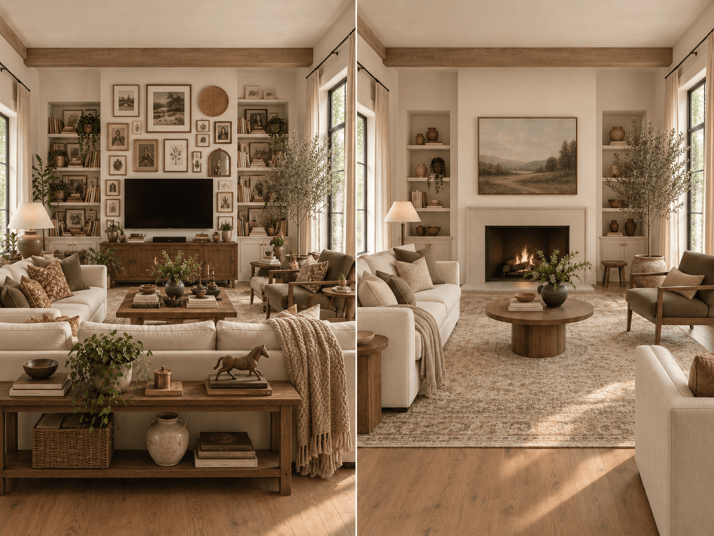 Before and after: a gallery wall, television and crowded shelves competing for attention versus one landscape painting over the fireplace as the focal point