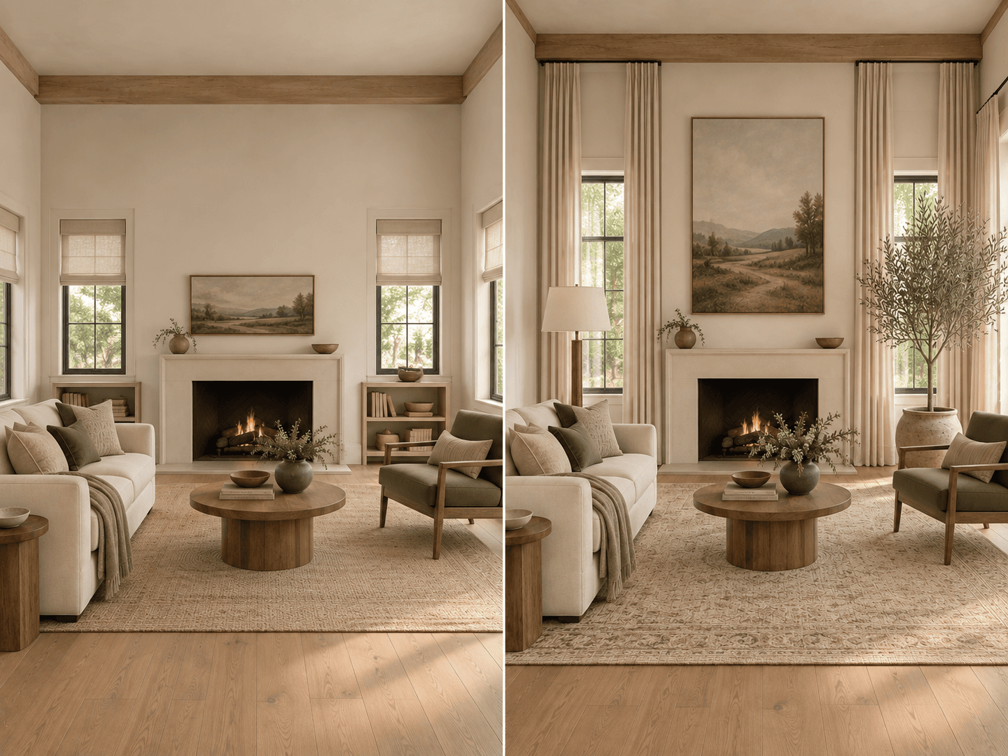 Before and after: low shades, small art and short furniture all at one height versus curtains hung high, tall art, a floor lamp and an olive tree