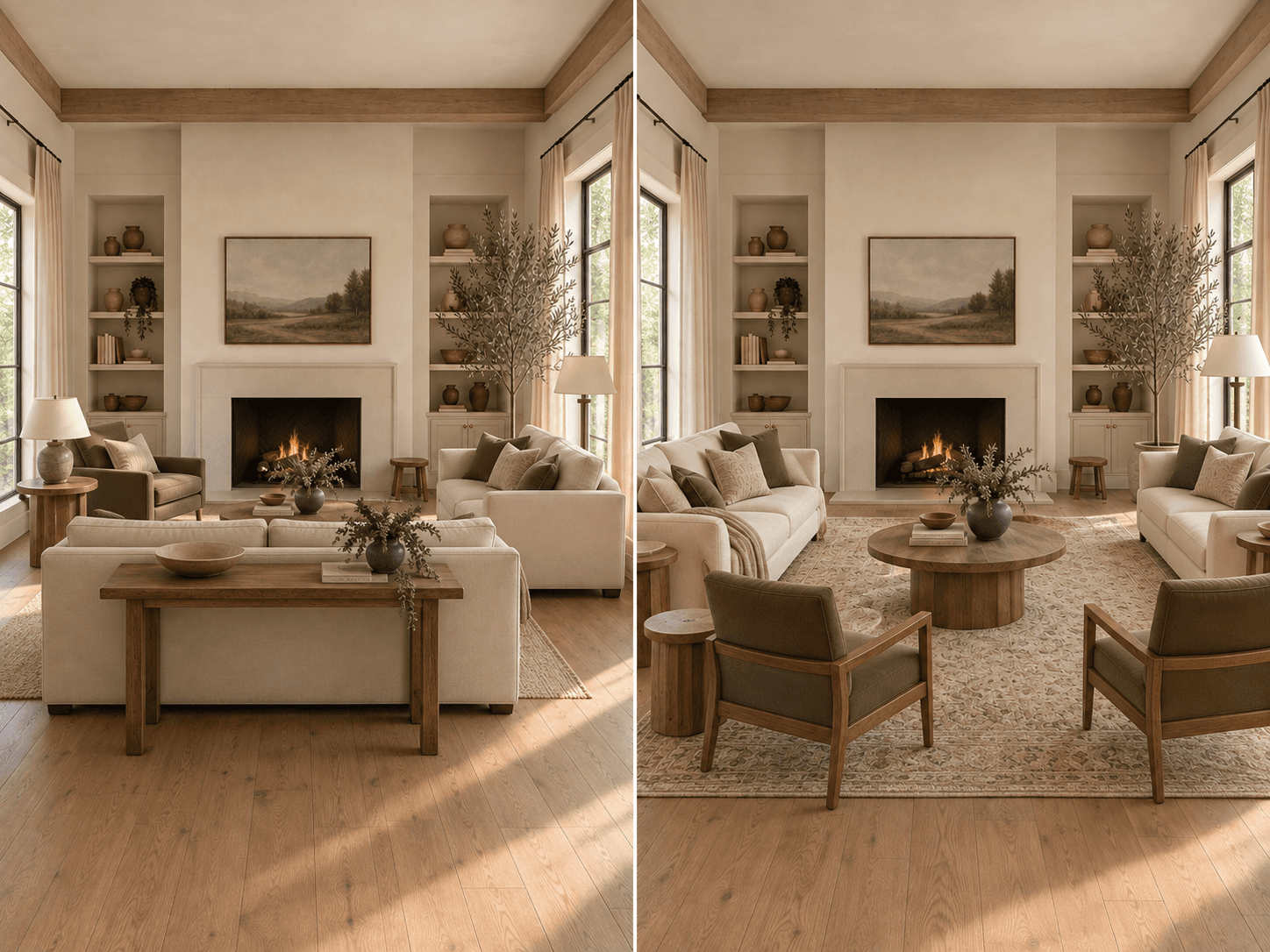 Before and after: a sofa and console blocking the path through the living room versus an open conversation layout with two chairs facing the sofa