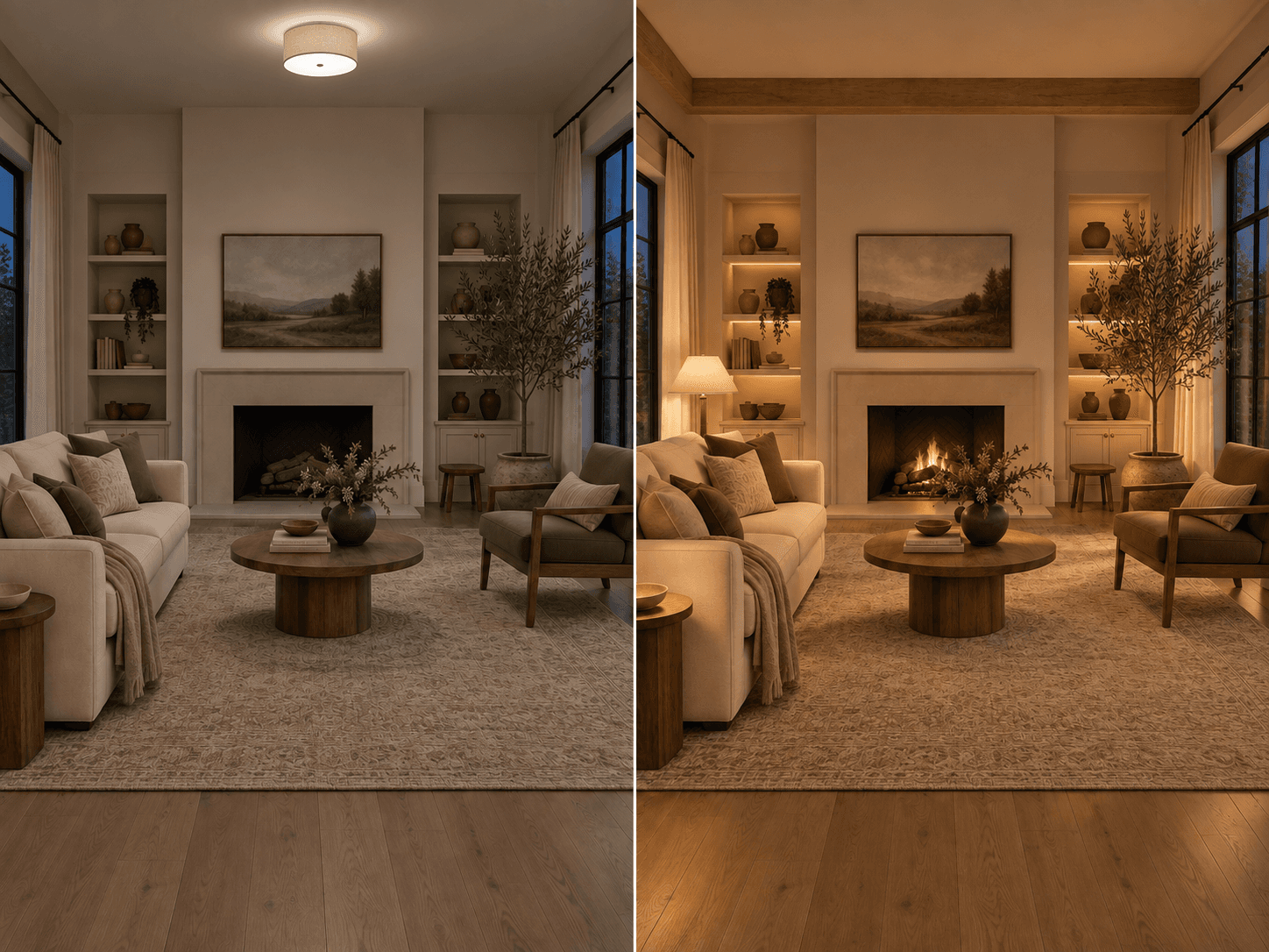 Before and after: a living room lit only by one ceiling fixture at night versus layered lighting from a floor lamp, lit shelves and the fireplace