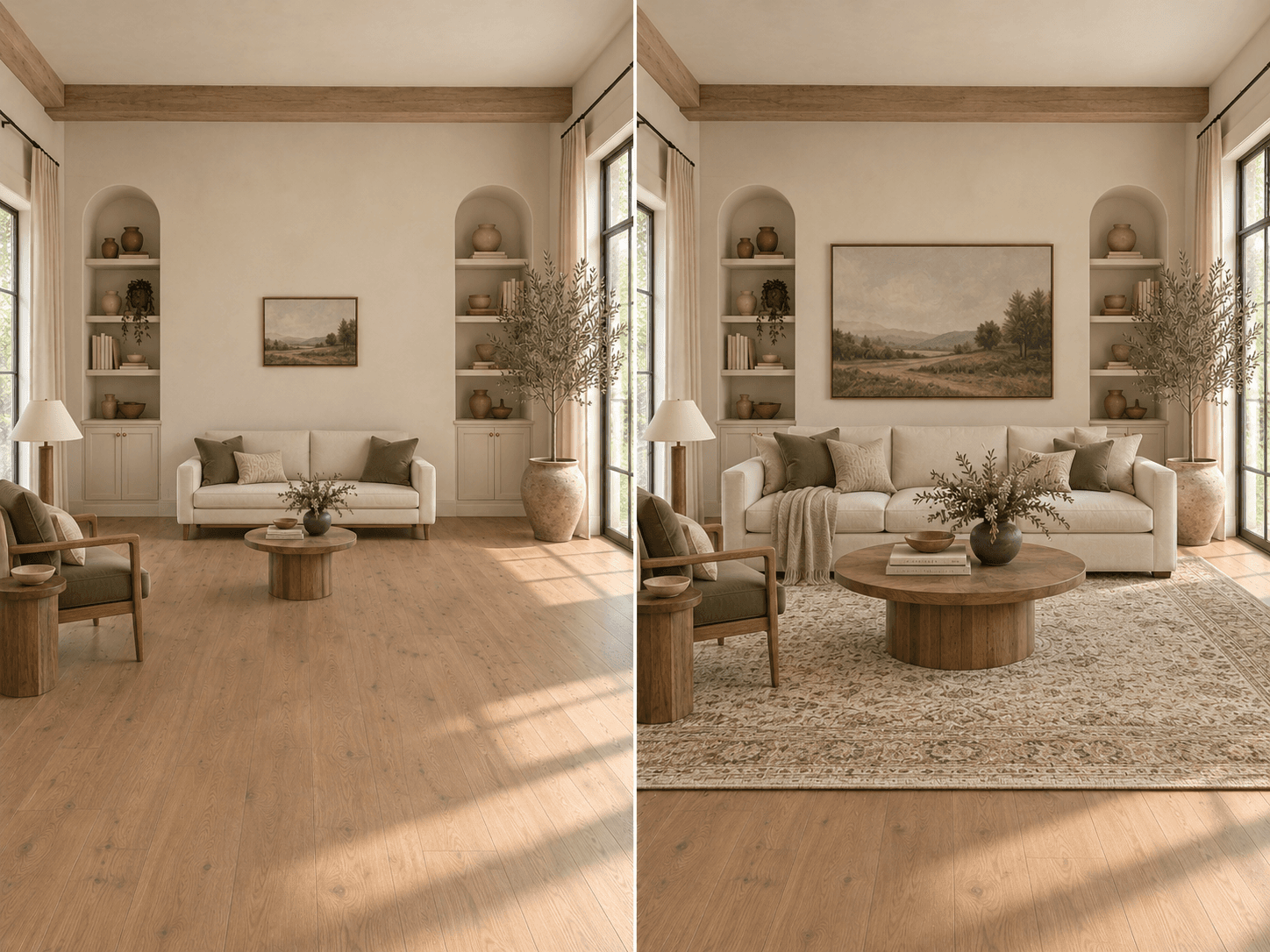 Before and after: a small loveseat, tiny coffee table and small art on a large wall versus a full-size sofa, larger coffee table and art scaled to the wall