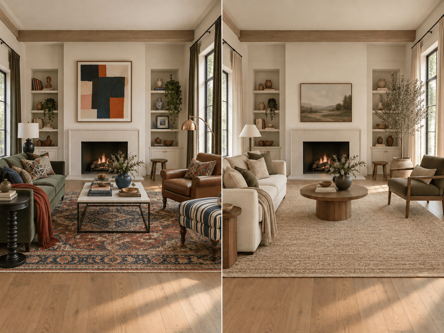 Before and after: a green velvet sofa, red rug, black metal table and striped ottoman that clash versus a room tied together by repeated cream, oak and olive tones