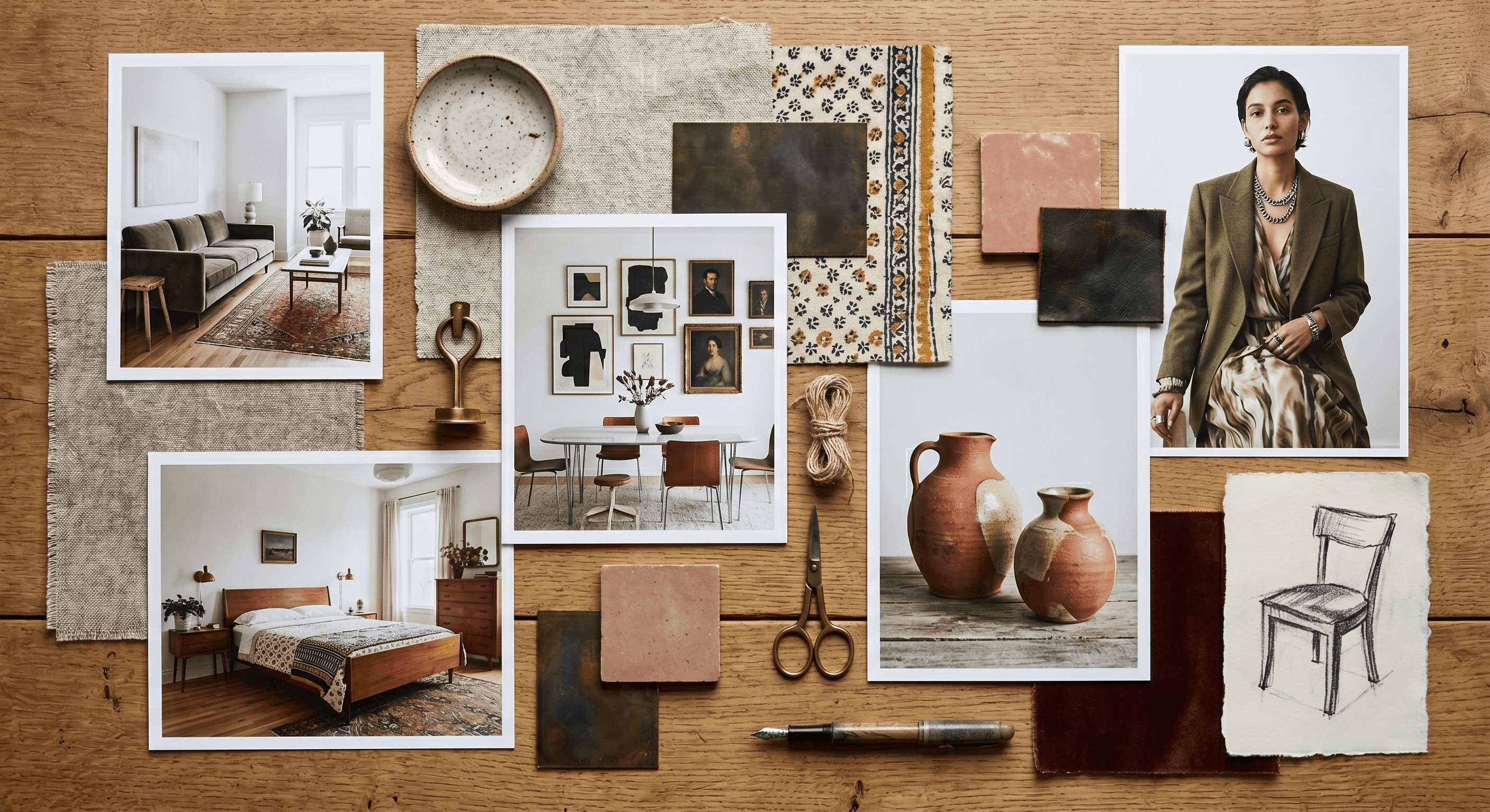 Flatlay of swatches and images showing the Collected & Eclectic design style