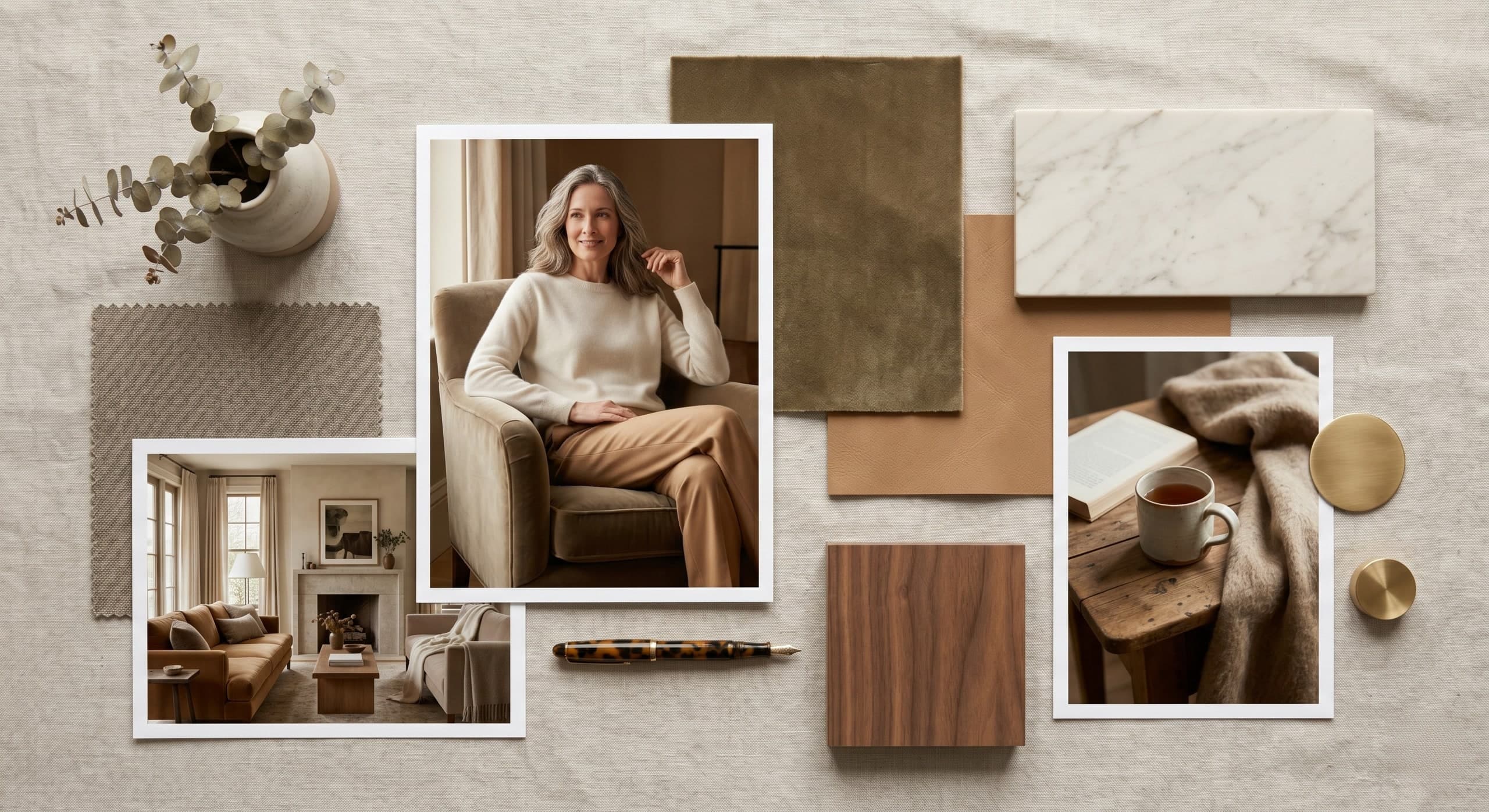 Flatlay of swatches and images showing the Casual Luxe design style