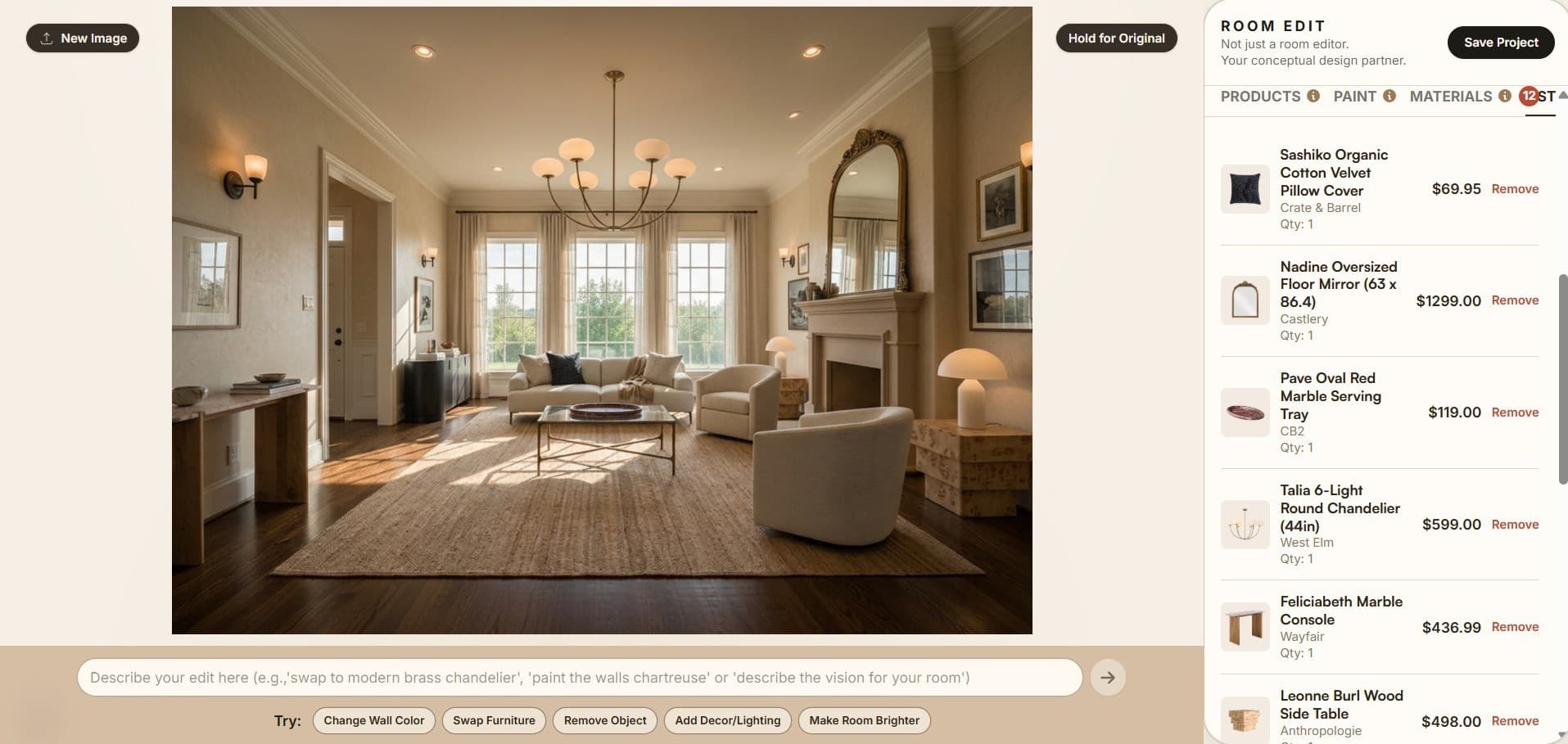 Room Edit product placement interface