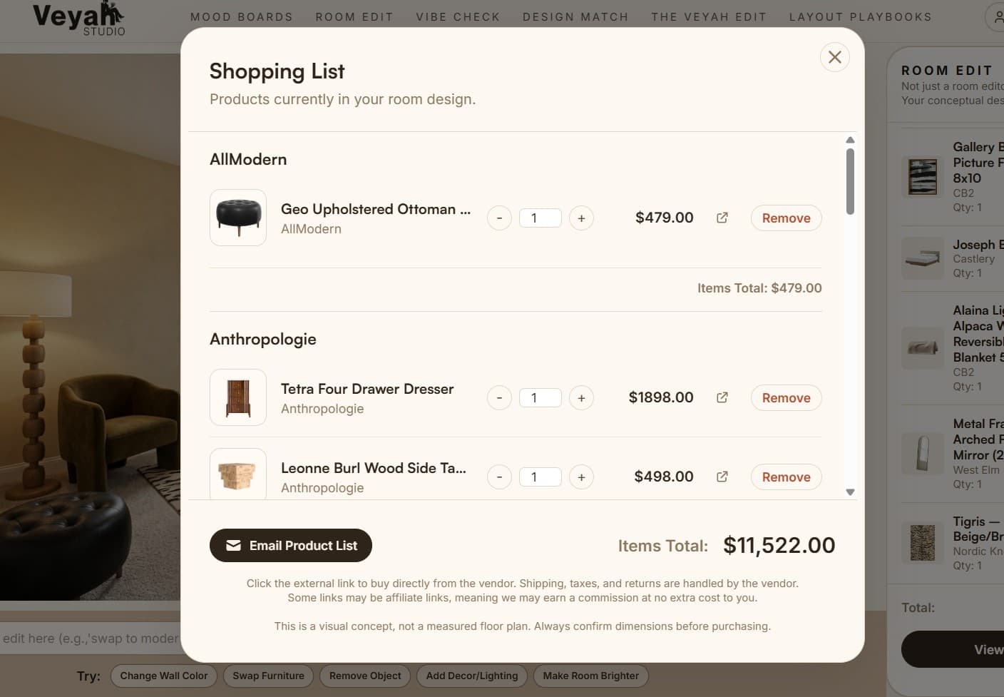 Room Edit shopping list organized by vendor
