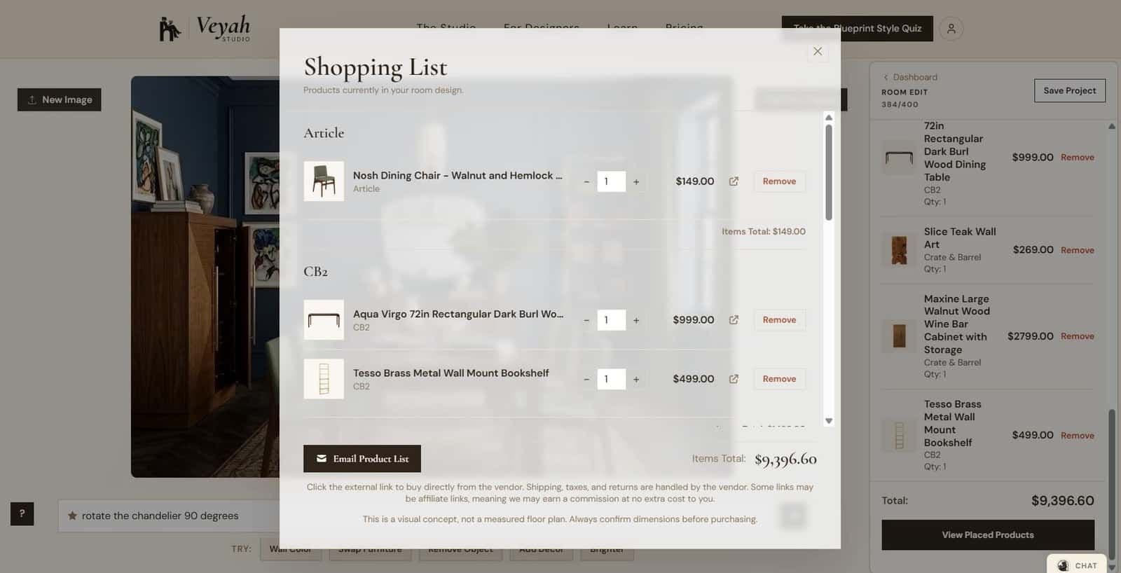 Room Edit shopping list organized by vendor