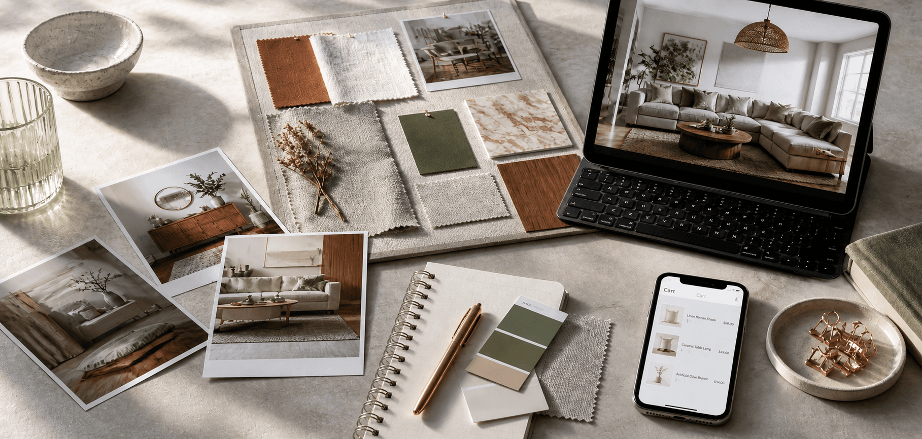 Design materials and mood board flat lay