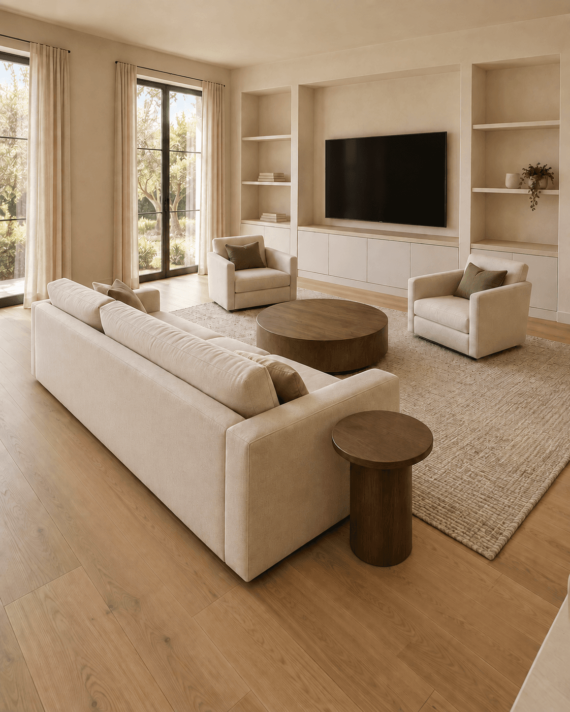The same living room with only its anchor pieces in place: a linen sofa, two swivel chairs, a round walnut coffee table, and a large textured rug tying the seating together
