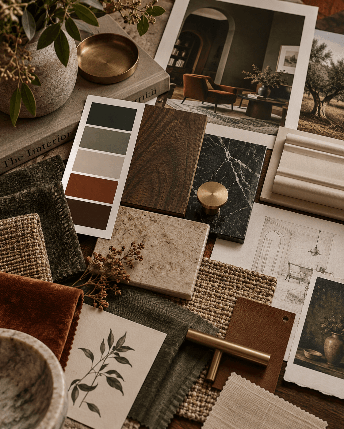 A flat lay of design direction samples: a deep green and rust paint strip, dark walnut, green marble, olive and rust fabrics, brass hardware, and inspiration photos