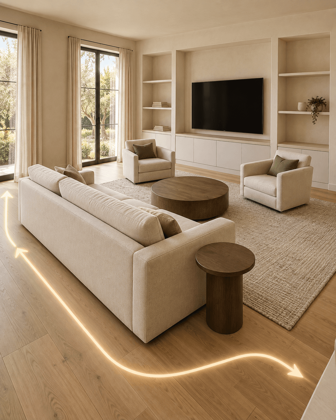 A neutral living room with a glowing line tracing the walking path behind the sofa and through the room