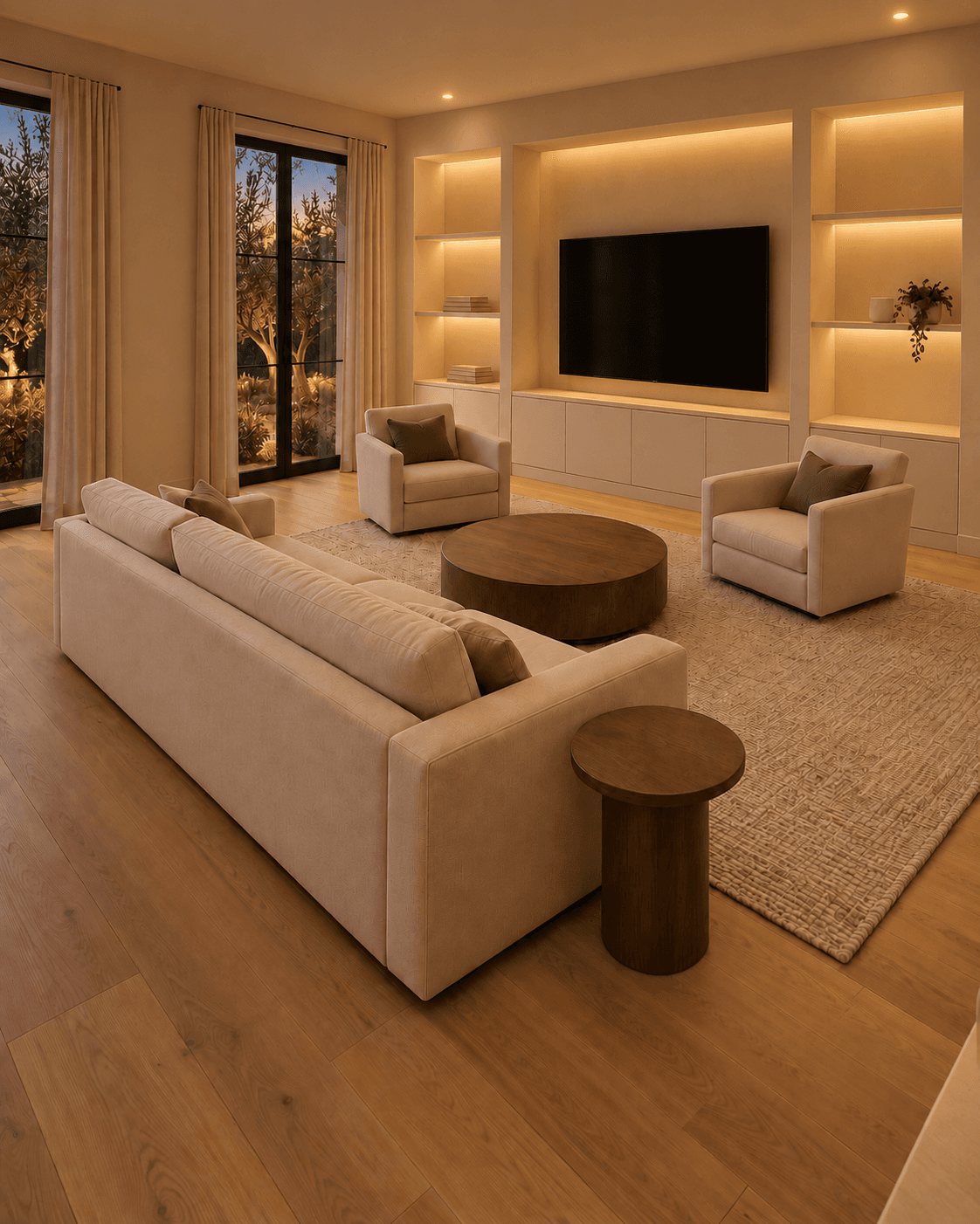 The same living room in the evening, lit by recessed ceiling lights and warm LED strips inside the built-in shelving