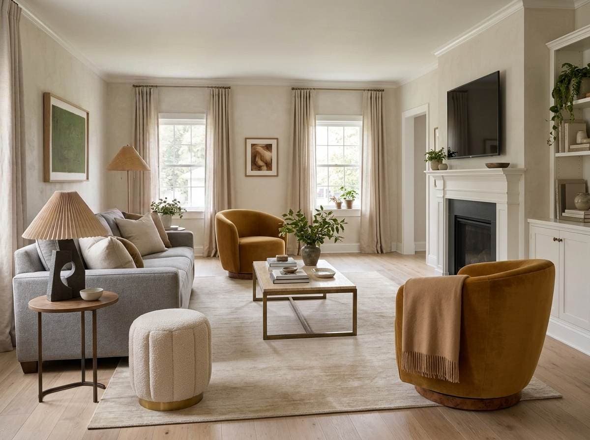 The same living room after changes, with a large neutral rug under the sofa and two curved mustard-velvet swivel chairs, a stone-topped coffee table, and lighter wood floors