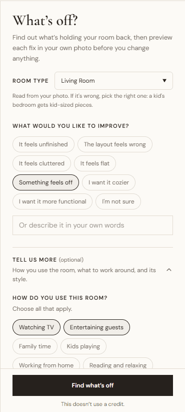 The What’s Off? panel in Veyah Room Edit, with the room type set to Living Room, “Something feels off” selected, and “Watching TV” and “Entertaining guests” chosen as how the room is used