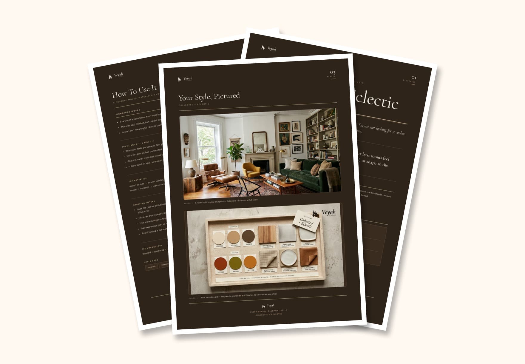 The three pages of a Blueprint Style Quiz result fanned out — the style name, how-to-use guidance, and a room photo with a materials sample card