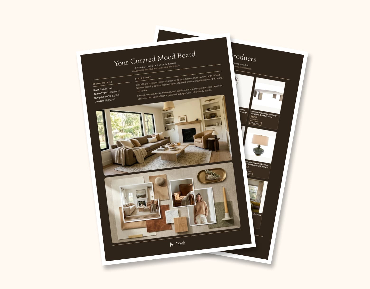 The two pages of an AI Mood Board fanned out — the curated room and materials plate, and the shoppable product grid behind it