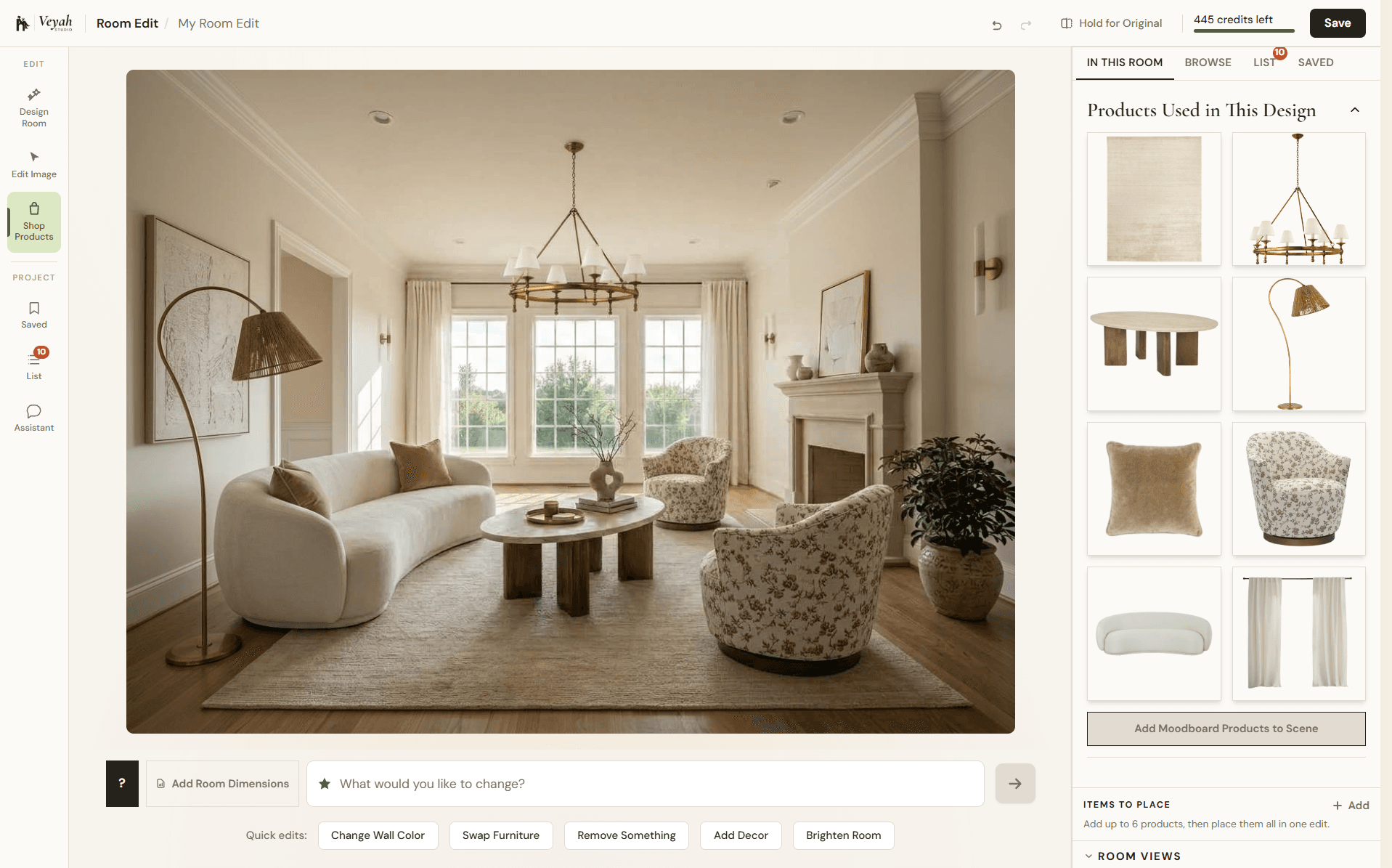 Room Edit’s Shop Products panel, showing the rug, lighting, furniture, and curtains sourced for a design