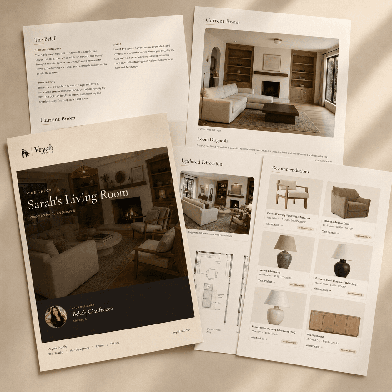 The pages of a Vibe Check report fanned out — the brief, the current room, the updated direction, and product recommendations