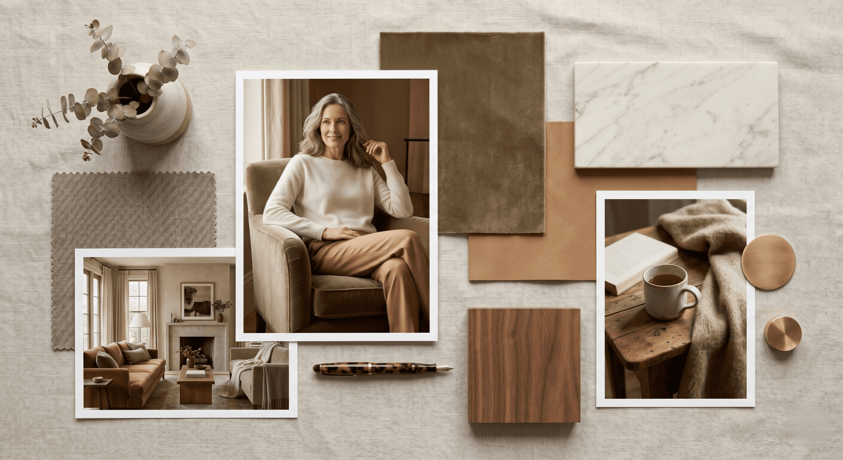 Flatlay of swatches and images showing the Casual Luxe design style