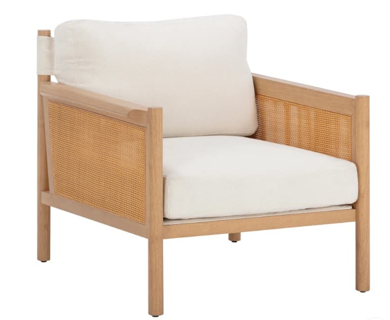 Solid Wood Bouclé Accent Chair — Rattan Arm