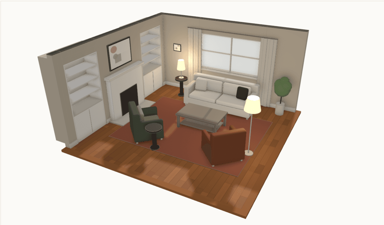 A 3D model of the living room showing the sofa, two armchairs, coffee table, rug, fireplace and built-in shelves