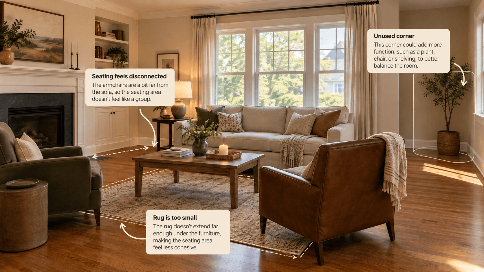 A living room annotated with three notes: the seating feels disconnected because the armchairs are far from the sofa, the rug is too small, and there is an unused corner