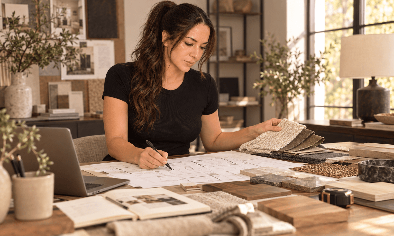 An interior designer reviewing floor plans and material samples at a worktable