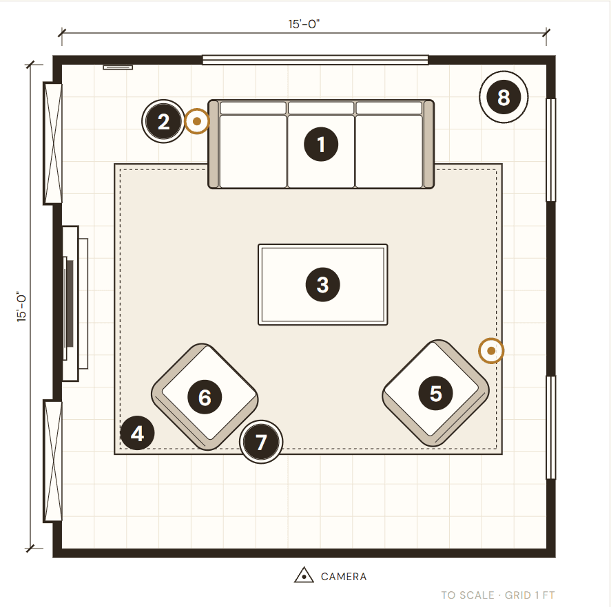 The same floor plan after changes, with a larger rug under the sofa, coffee table and both armchairs