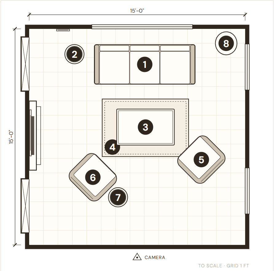 A floor plan of the living room before changes, with a small rug floating in the center and both armchairs off the rug