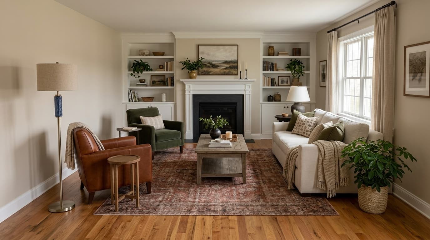 The same living room rendered from a different viewpoint, looking toward the fireplace and built-in shelves