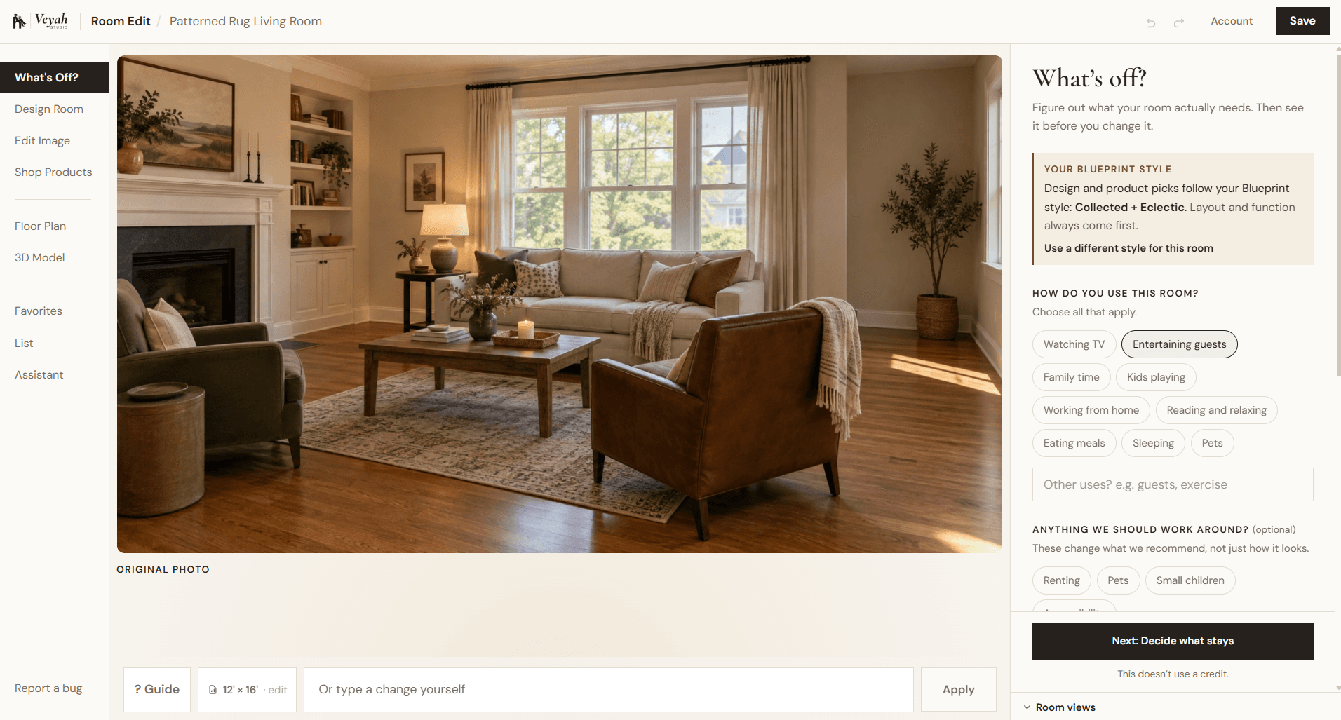 Veyah’s What’s Off panel in Room Edit, showing a living room photo beside questions about how you use the room