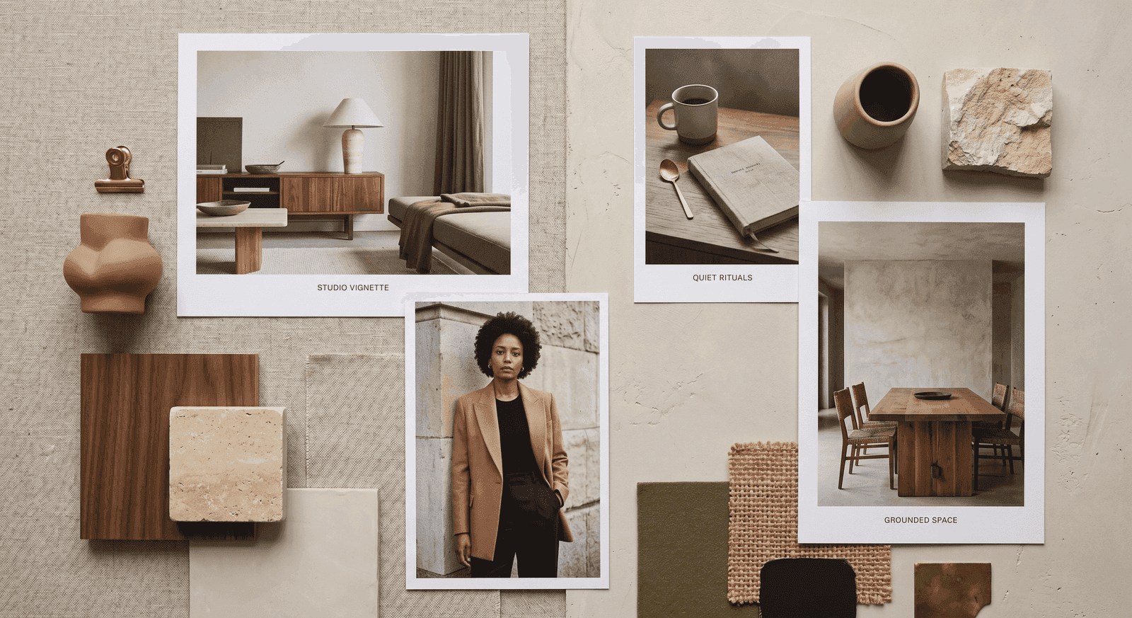 Flatlay of swatches and images showing the Warm Modernist design style