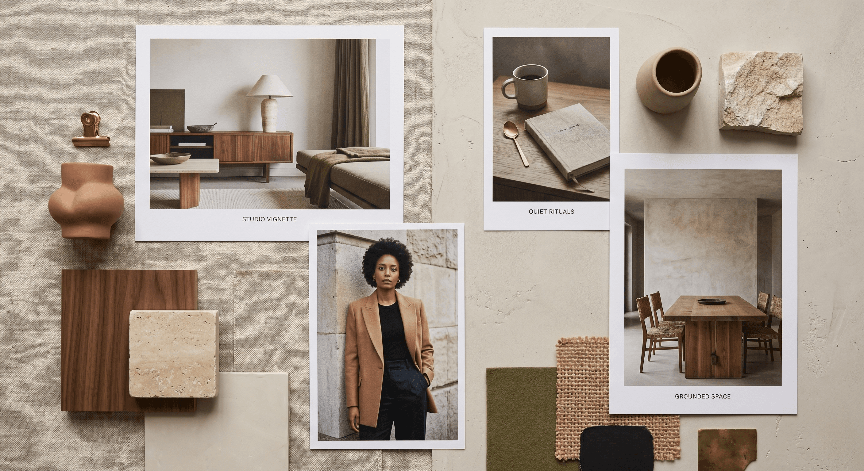 Flatlay of swatches and images showing the Warm Modernist design style