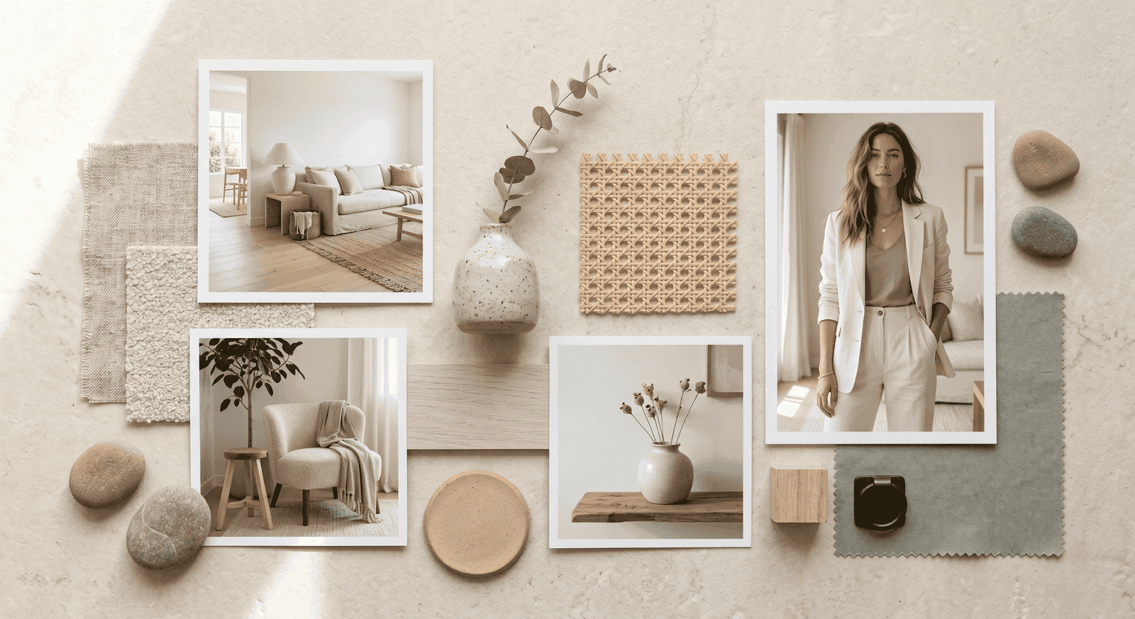 Flatlay of swatches and images showing the Scandi-Cali Cool design style