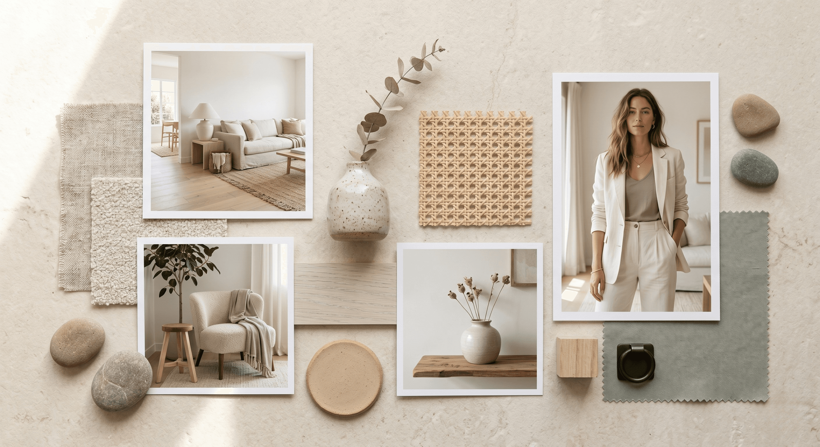 Flatlay of swatches and images showing the Scandi-Cali Cool design style