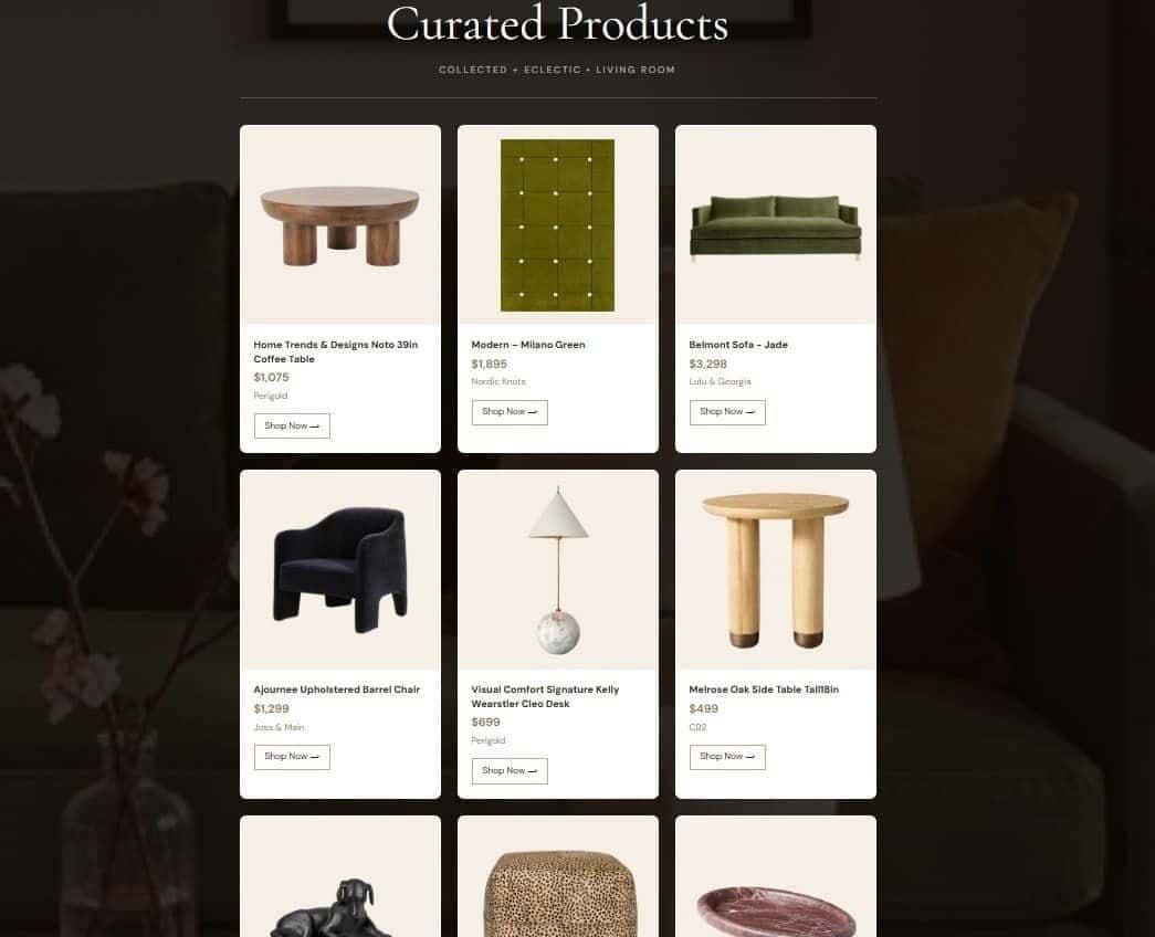 Mood board with shoppable product links and style palette