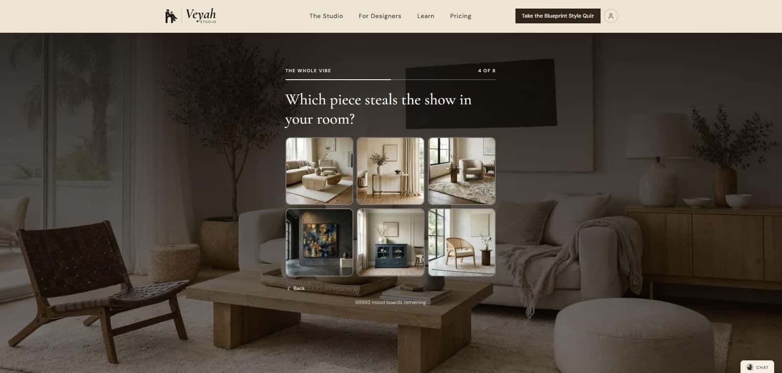 Image of mood board quiz interface showing style questions and options