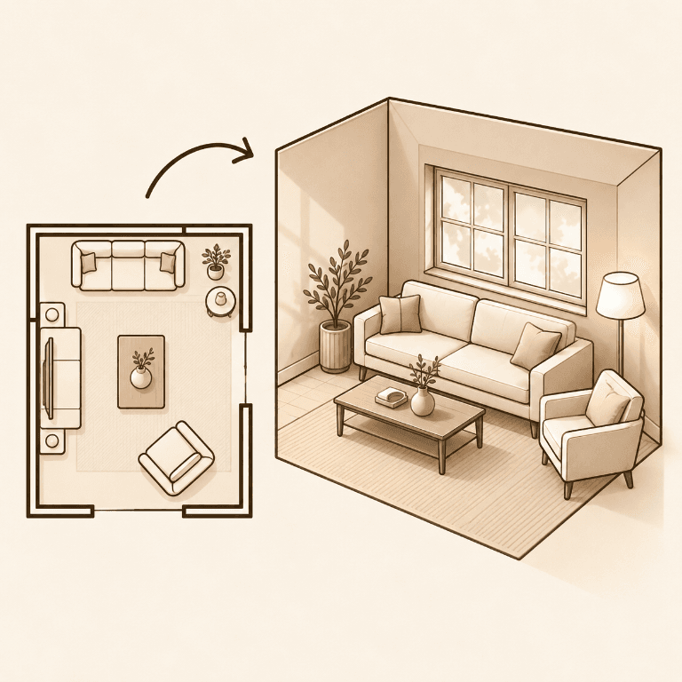 Rearrange on a plan, then see it in 3D