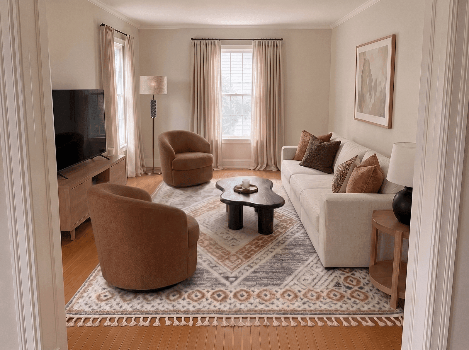 The same living room after its What’s Off fixes: a larger rug, a sculptural table, a floor lamp
