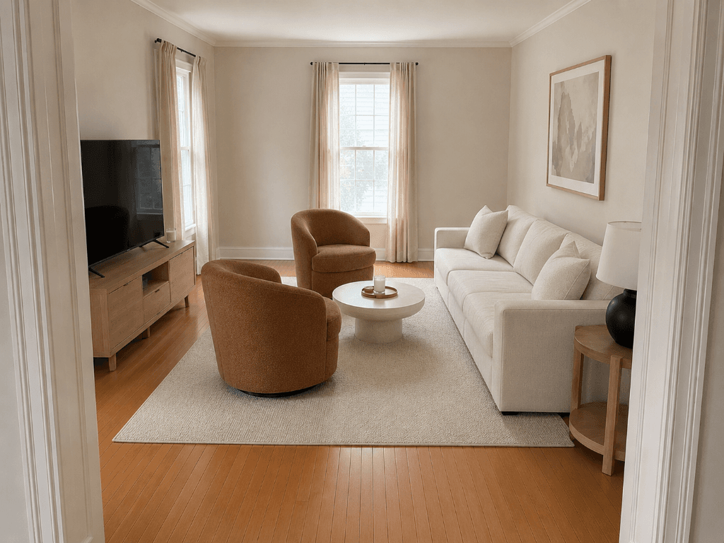 A furnished living room photographed from the doorway, ready for a review
