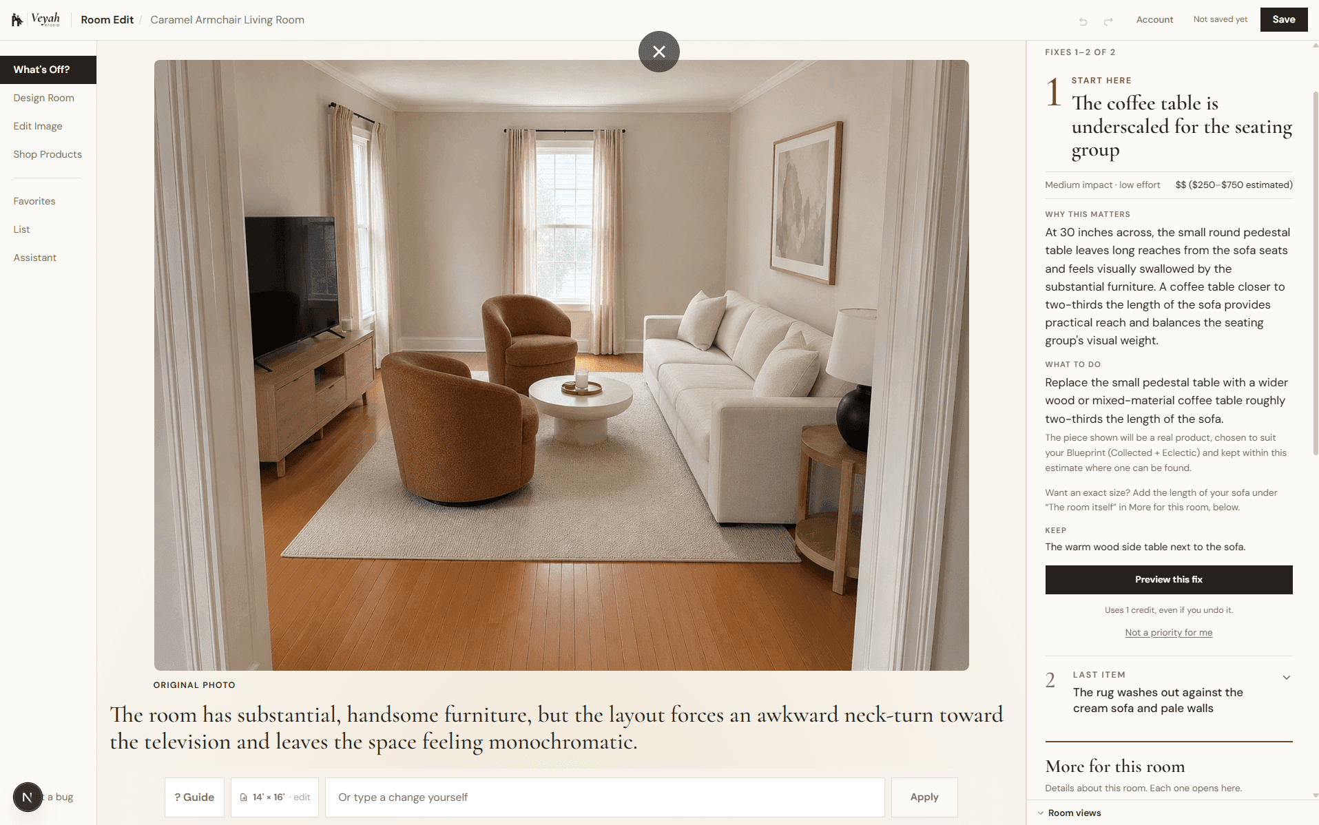 What’s Off in Room Edit: a living room photo beside the first issue to fix and what to do about it